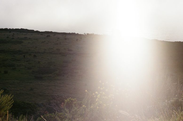 Sun flaring over the coastal hills